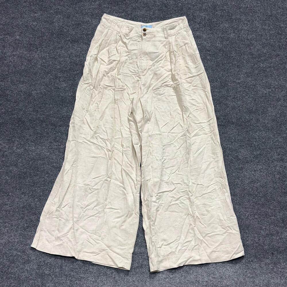 CeCe Pants Womens 10 Beige Linen Blend Wide Leg Pleated Dress Trousers Lined